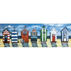 Tableau métal Cabines plage 50x150 FOND BOIS EN RELIEF