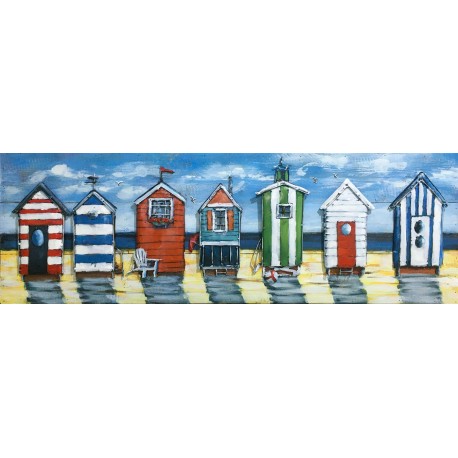 Tableau métal Cabines plage 50x150 FOND BOIS EN RELIEF