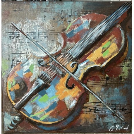 Tableau métal Violoncelle sur partitions 60x60 EN RELIEF