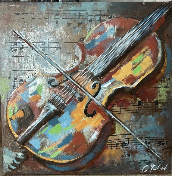 Tableau Sculpté Bois Maître Violon - Leçon Particulière - Vintage
