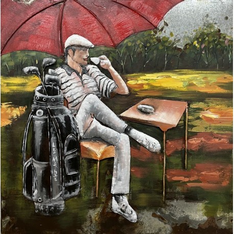 Tableau métal La pause du golfeur 80x80 EN RELIEF