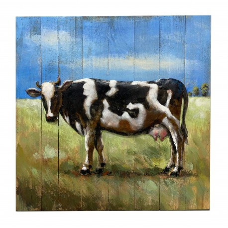  Tableau métal Vache 60X60 EN RELIEF FOND BOIS