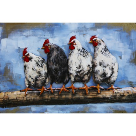 Tableau métal Les poules 80X120 EN RELIEF