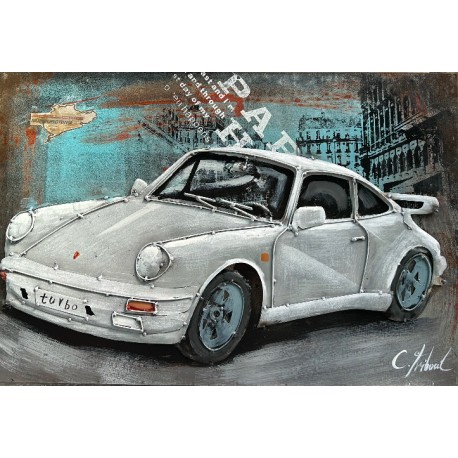 Tableau métal Porsche 911 blanche 40x60 EN RELIEF