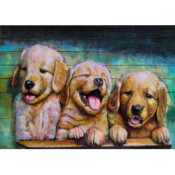 Tableau métal Les chiots 40x60 EN RELIEF FOND BOIS