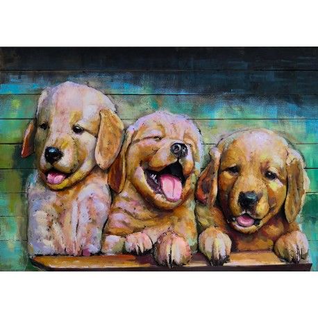 Tableau métal Les chiots 40x60 EN RELIEF FOND BOIS