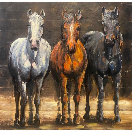Tableau métal Les chevaux 60X60 EN RELIEF