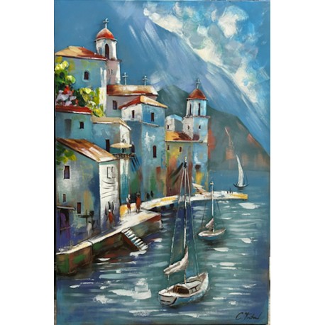  Tableau métal Village Grecque 80x120 EN RELIEF