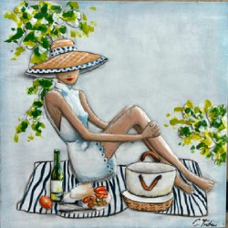 Tableau métal La femme 80x80 FOND BOIS EN RELIEF