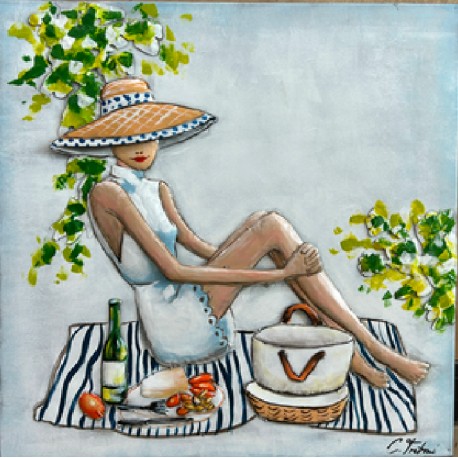 Tableau métal La femme 80x80 FOND BOIS EN RELIEF