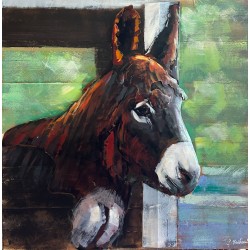 Tableau métal Âne au box 60X60 EN RELIEF FOND BOIS