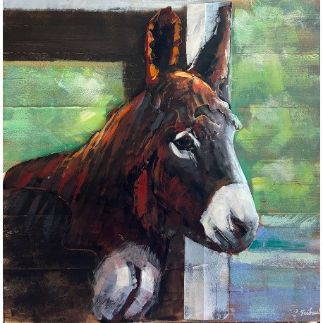Tableau métal Âne au box 60X60 EN RELIEF FOND BOIS