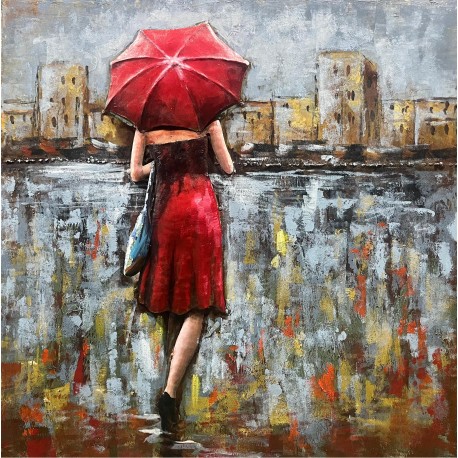 Tableau métal Femme au parapluie 60x60 EN RELIEF