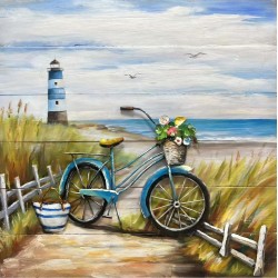 Tableau métal Vélo à la plage 60x60 FOND BOIS EN RELIEF