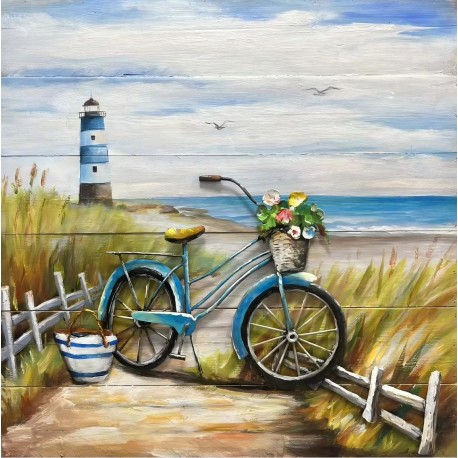 Tableau métal Vélo à la plage 60x60 FOND BOIS EN RELIEF