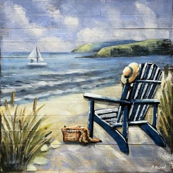 Tableau métal transat à la plage 60x60 FOND BOIS EN RELIEF