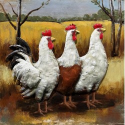 Tableau métal les 3 Poules 40x40 FOND BOIS EN RELIEF