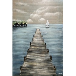 Tableau métal Ponton et vue sur lac 80x120 FOND BOIS EN RELIEF