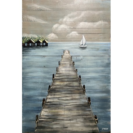 Tableau métal Ponton et vue sur lac 80x120 FOND BOIS EN RELIEF