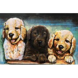 Tableau métal Les chiots 40x60 EN RELIEF FOND BOIS