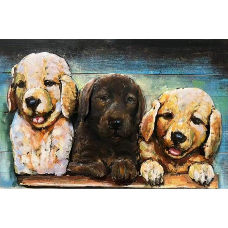 Tableau métal Les chiots 40x60 EN RELIEF FOND BOIS
