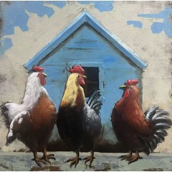 Tableau métal les coqs 40x40 FOND BOIS EN RELIEF