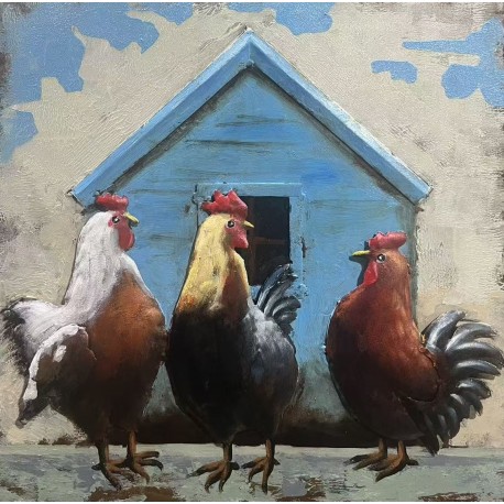 Tableau métal les coqs 40x40 FOND BOIS EN RELIEF
