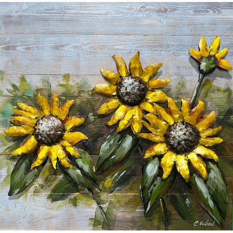 Tableau métal Les tournesols 60x60 EN RELIEF
